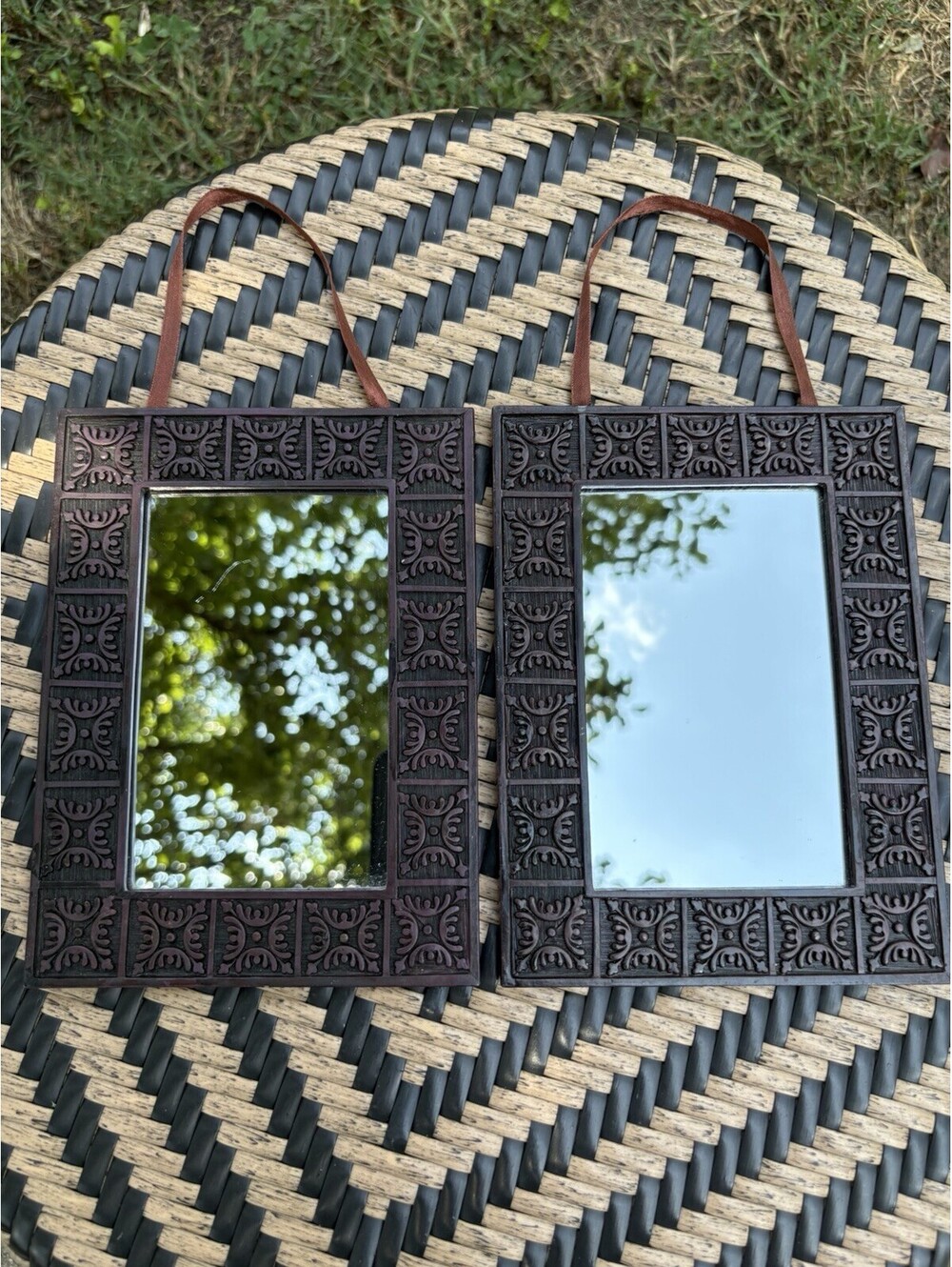 Set of 2 Brown Framed Rectangle Wall Mirrors w/ Hanging Straps